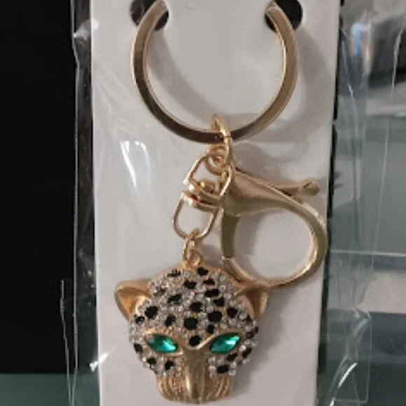 MINT Cheetah Gold Black Enamel Green & Clear Crystals Purse Charm Key Chain**NEW - Picture 2 of 7